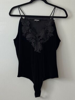 Express Black Velvet Lace-Detail Bodysuit
